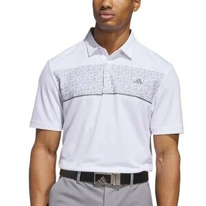 ADIDAS Golf Chest Print Polo Shirt Mens L (44-45) White Gray Floral Flowers NWT